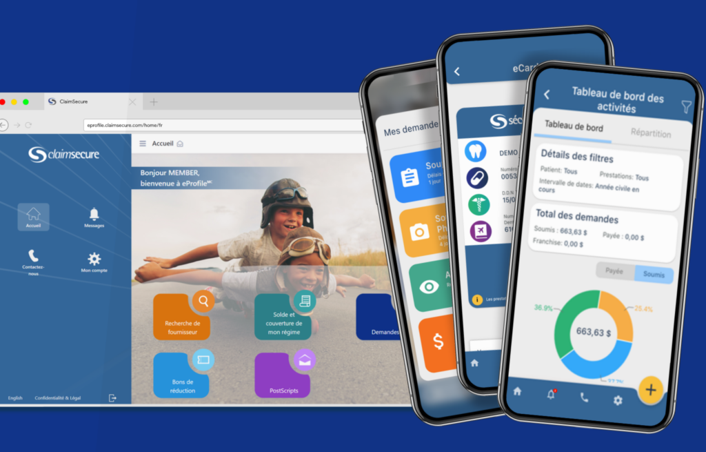 Captures d’écran du portail des membres eProfile de ClaimSecure sur un ordinateur portable et des téléphones mobiles, montrant l’écran d’accueil, la liste des demandes et le tableau de bord des activités